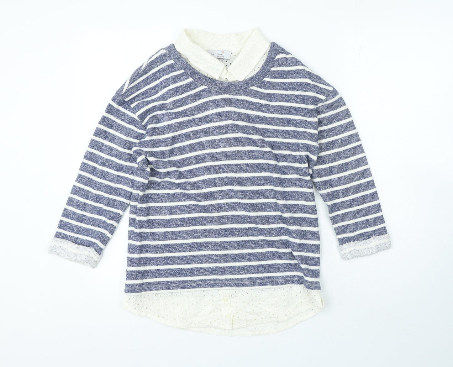 Per Una Womens Blue Collared Striped 100% Cotton Pullover Jumper Size 10