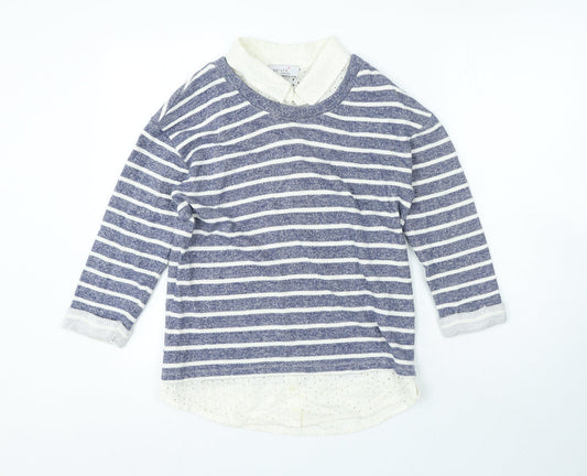Per Una Womens Blue Collared Striped 100% Cotton Pullover Jumper Size 10