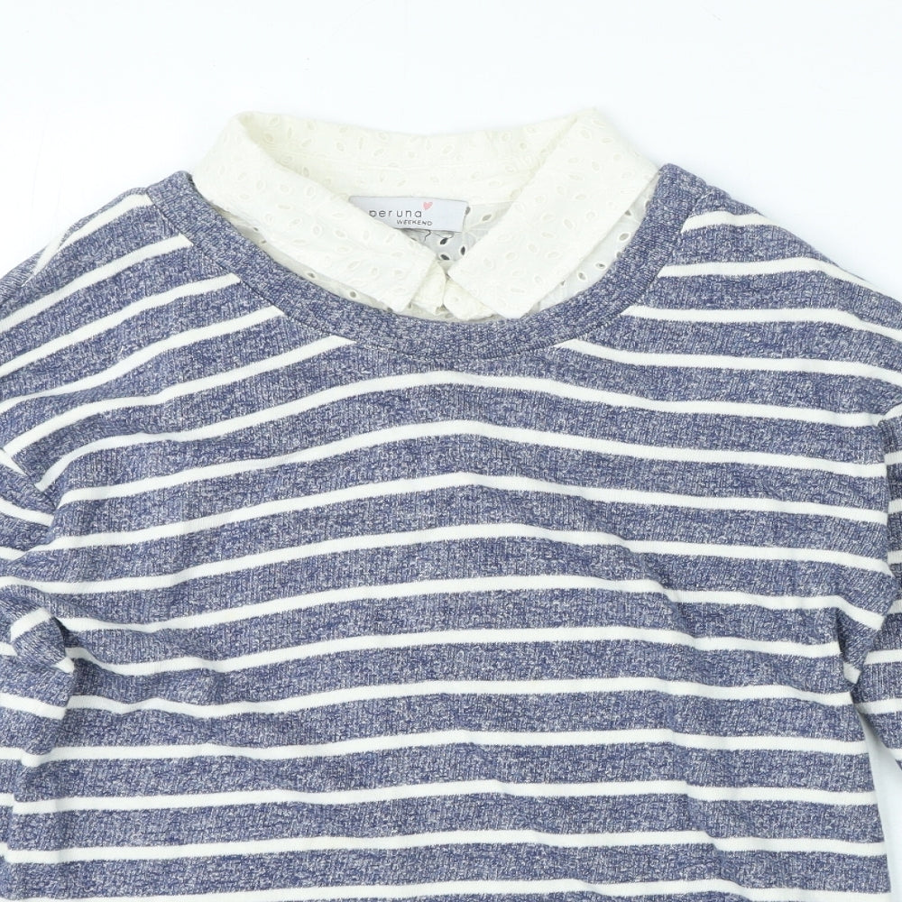 Per Una Womens Blue Collared Striped 100% Cotton Pullover Jumper Size 10