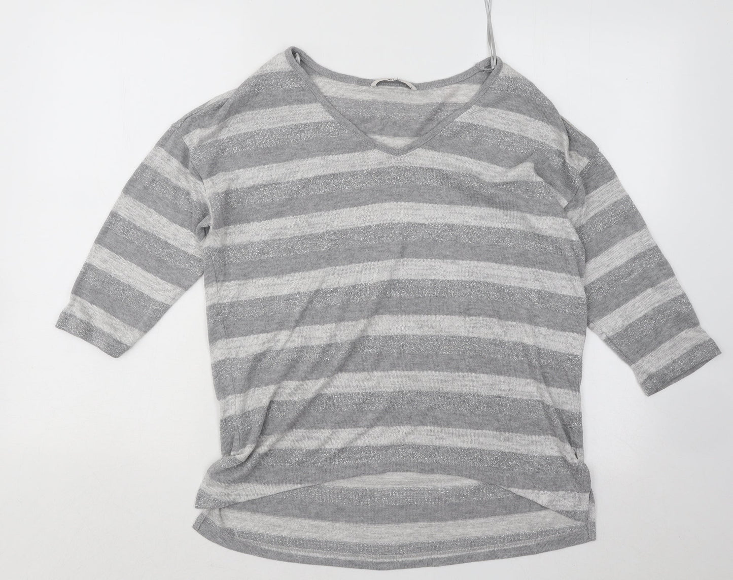 TU Womens Grey V-Neck Striped Polyester Pullover Jumper Size 10