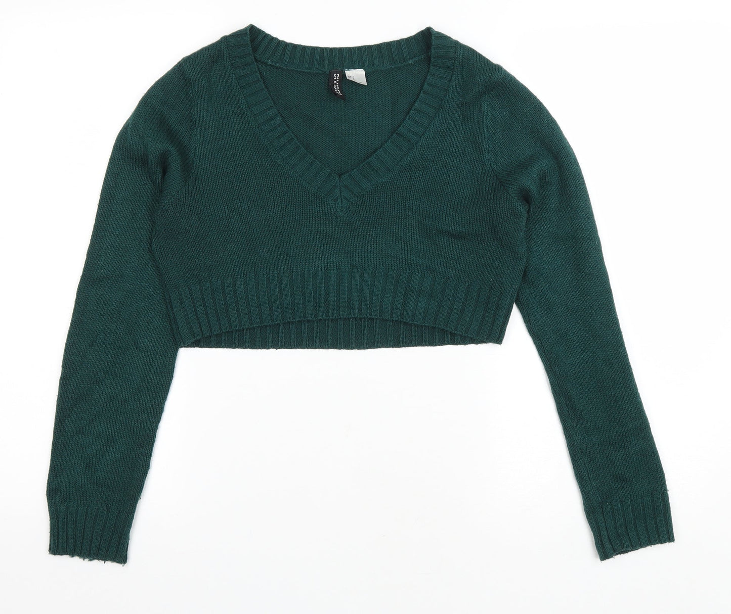 Divided Womens Green V-Neck Acrylic Pullover Jumper Size S