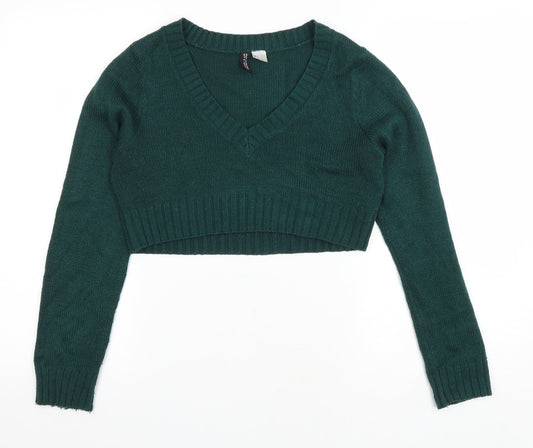 Divided Womens Green V-Neck Acrylic Pullover Jumper Size S