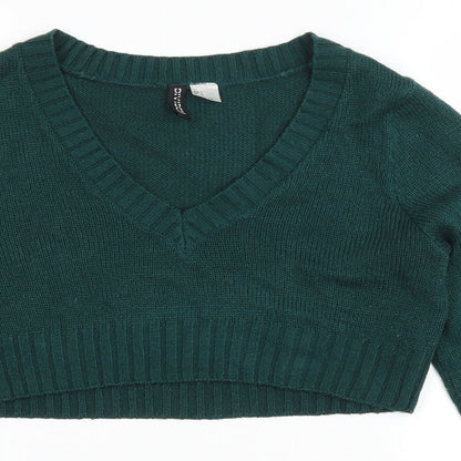 Divided Womens Green V-Neck Acrylic Pullover Jumper Size S