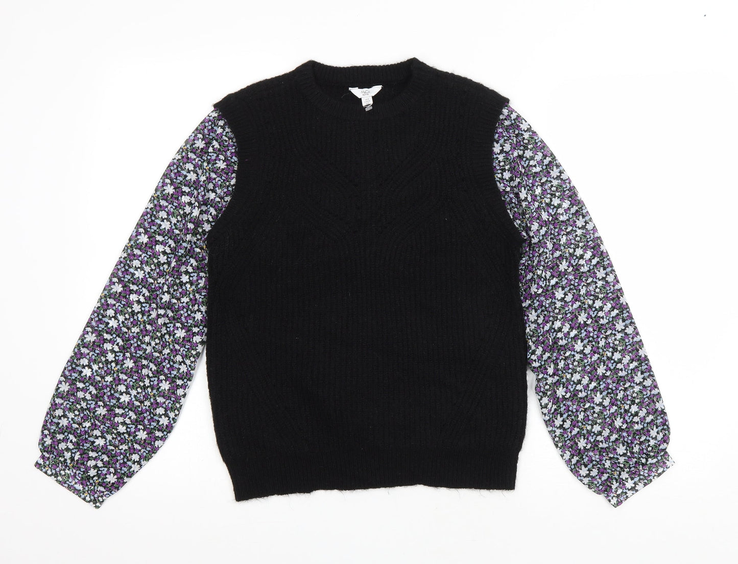 M&Co Womens Black Round Neck Floral Polyester Pullover Jumper Size 8