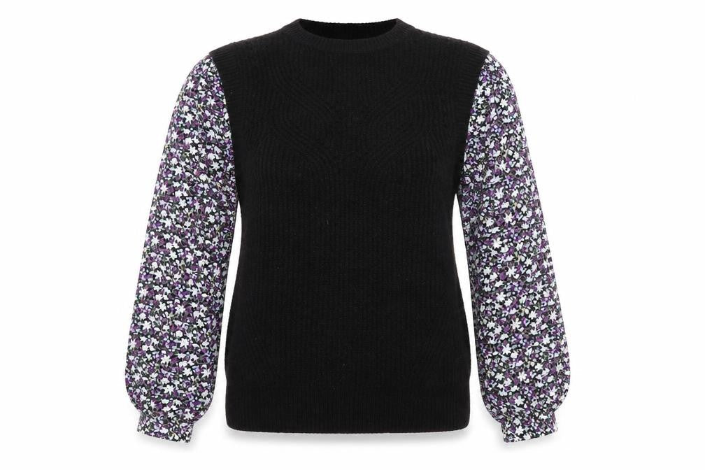 M&Co Womens Black Round Neck Floral Polyester Pullover Jumper Size 8