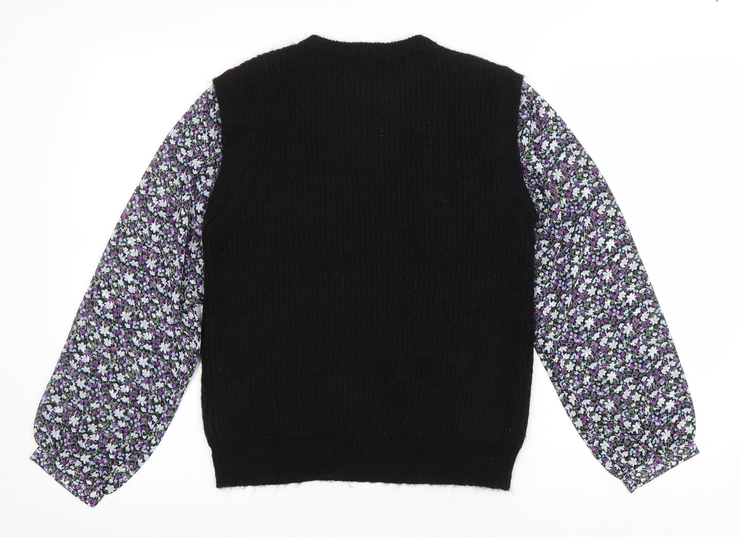 M&Co Womens Black Round Neck Floral Polyester Pullover Jumper Size 8