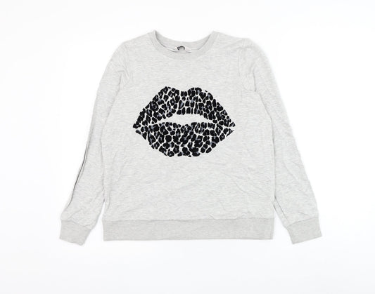 TU Womens Grey Cotton Pullover Sweatshirt Size 8 Pullover - Leopard Print Lips