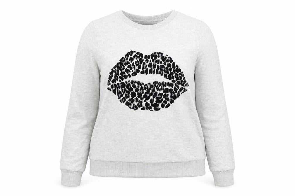 TU Womens Grey Cotton Pullover Sweatshirt Size 8 Pullover - Leopard Print Lips