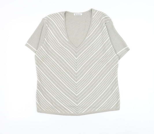 Berkertex Womens Grey V-Neck Striped Acrylic Pullover Jumper Size 14