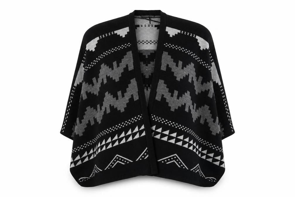 Atmosphere Womens Black V-Neck Geometric Acrylic Cape Jumper Size M