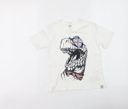 Gap Boys White Cotton Basic Polo Size 5 Years Round Neck Pullover - Dinosaur