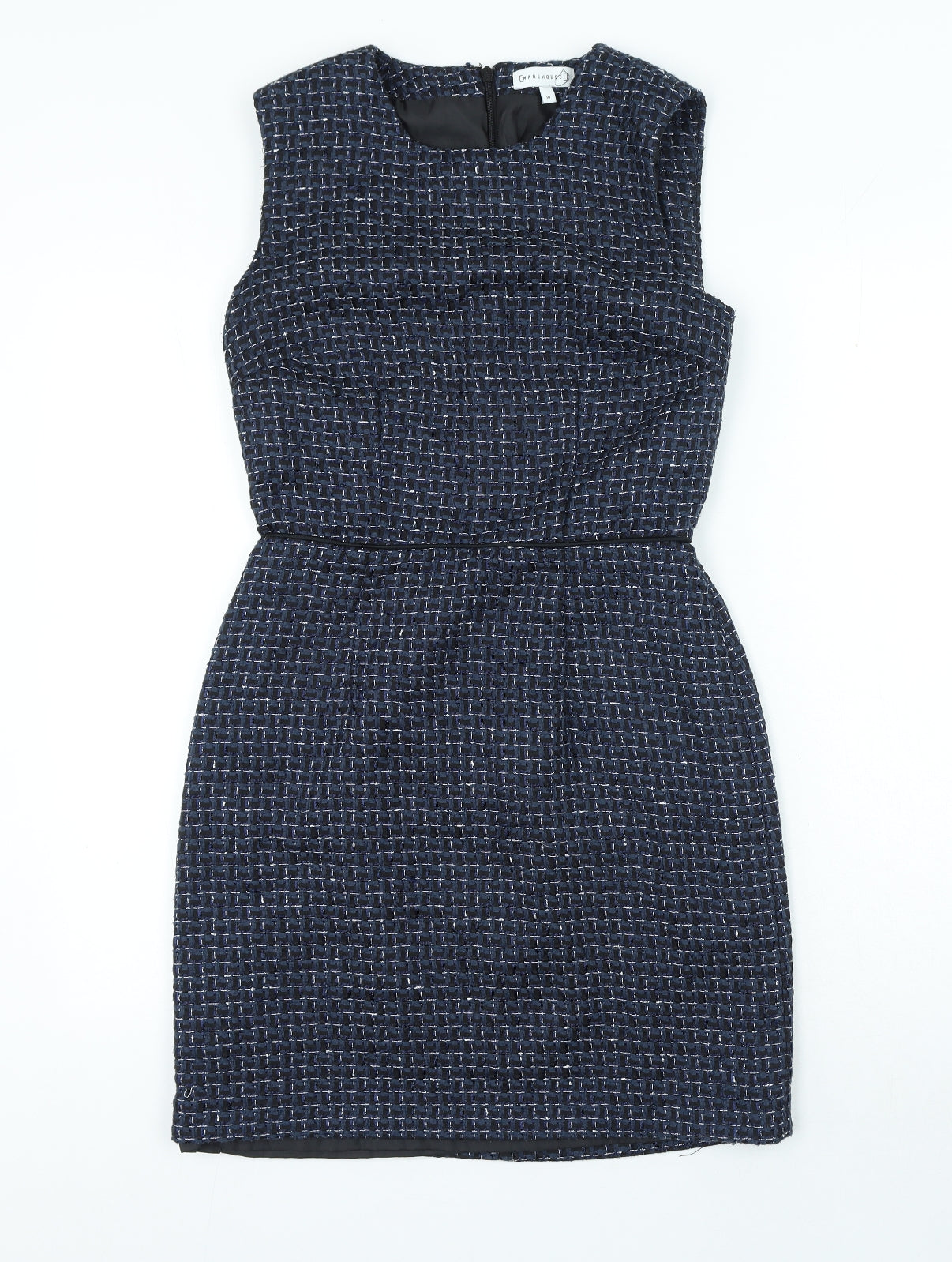 Warehouse Womens Blue Check Polyester Bodycon Size 10 Round Neck Zip