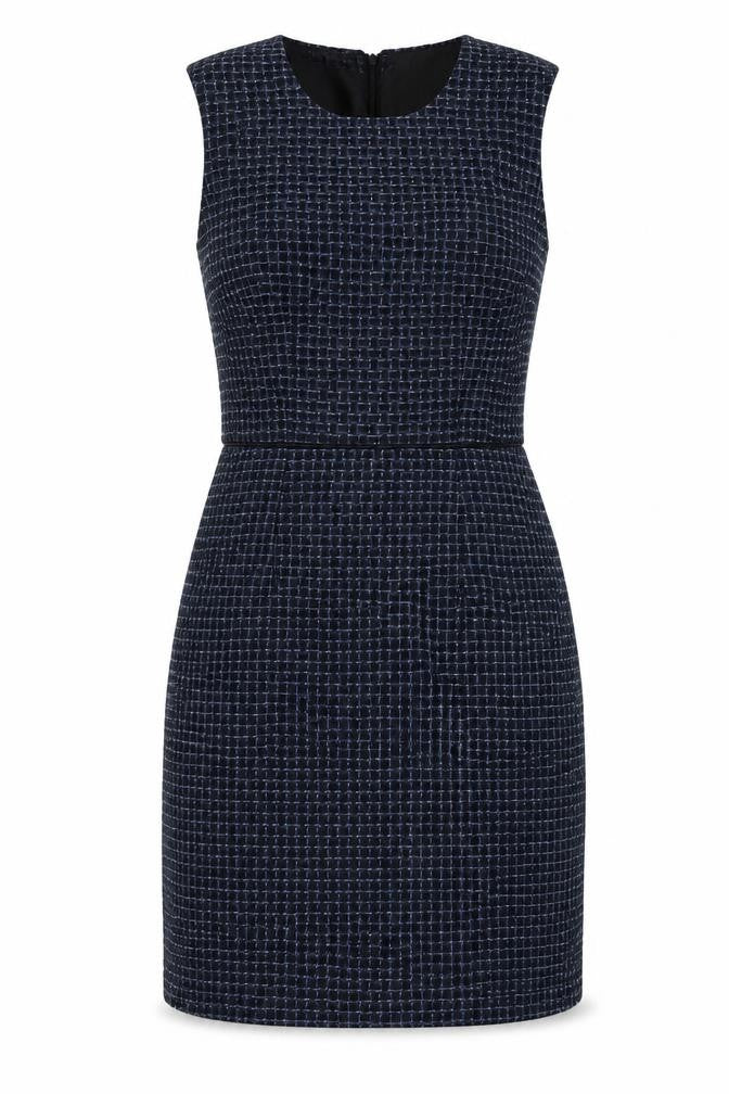 Warehouse Womens Blue Check Polyester Bodycon Size 10 Round Neck Zip