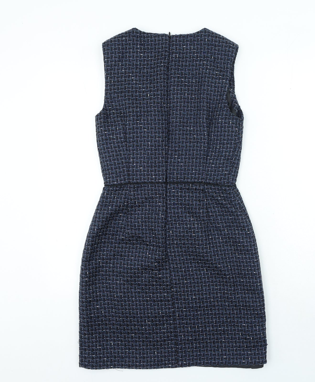 Warehouse Womens Blue Check Polyester Bodycon Size 10 Round Neck Zip