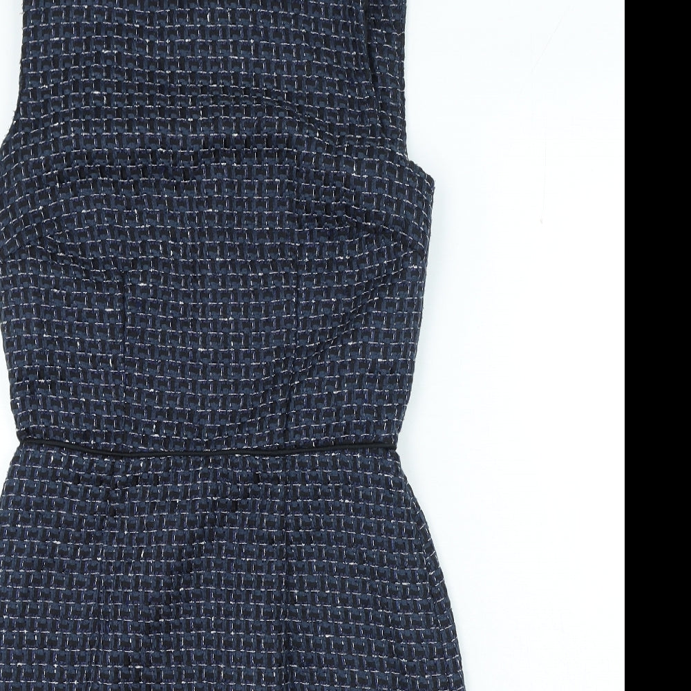 Warehouse Womens Blue Check Polyester Bodycon Size 10 Round Neck Zip