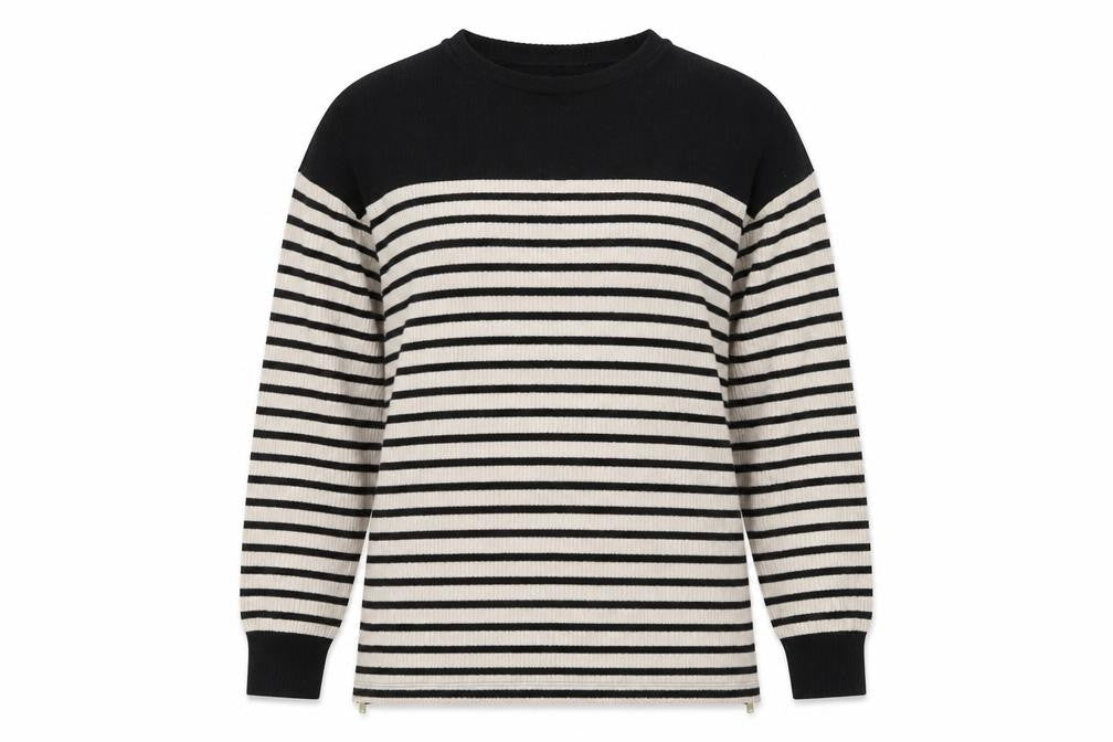 F&F Womens Black Crew Neck Striped Polyester Pullover Jumper Size 14 - Zip on sides