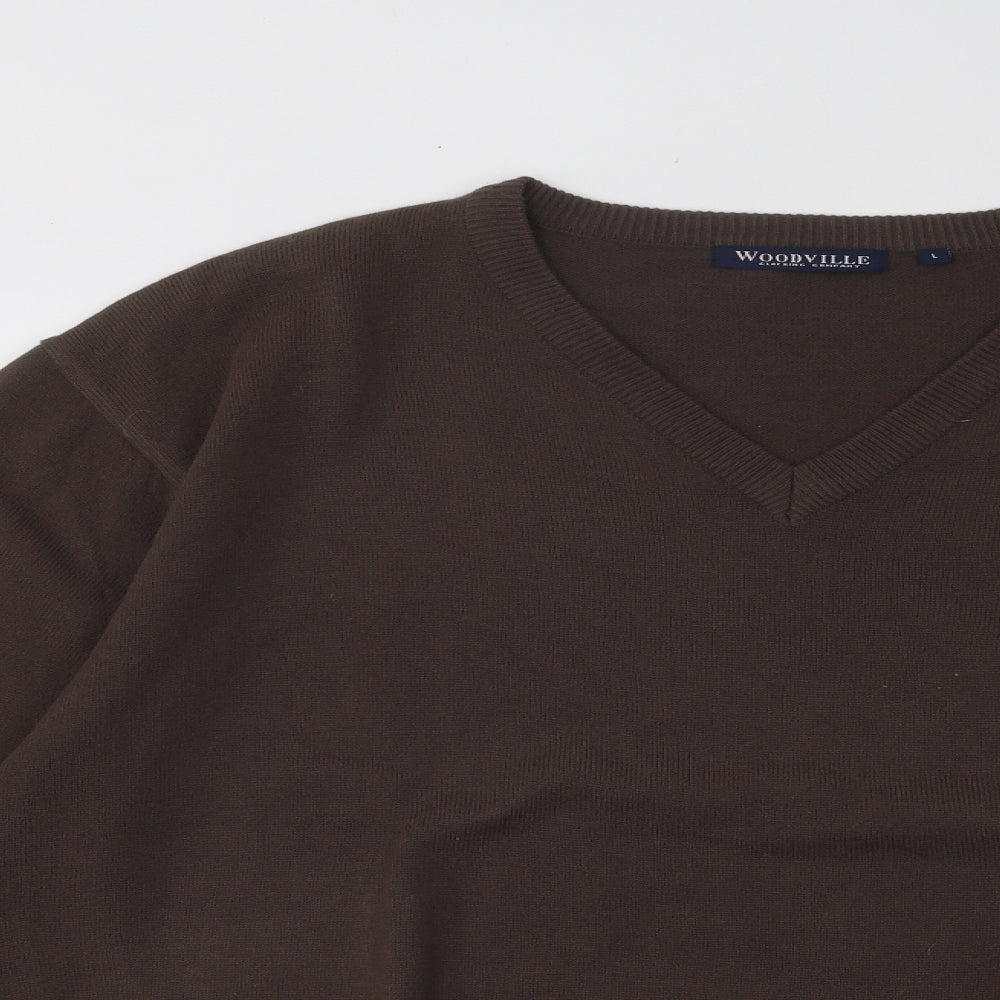 WOODVILLE Mens Brown V-Neck Acrylic Pullover Jumper Size L