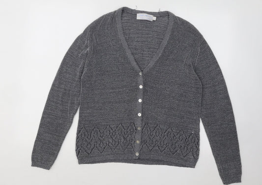 Compliments Womens Grey V-Neck Geometric Polyester Cardigan Jumper Size 14