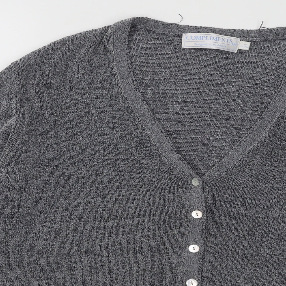 Compliments Womens Grey V-Neck Geometric Polyester Cardigan Jumper Size 14