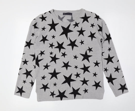 Marks and Spencer Womens Grey Crew Neck Geometric Acrylic Pullover Jumper Size 8 - Stars