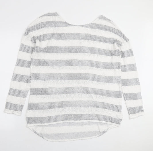 NEXT Womens White Round Neck Striped Viscose Pullover Jumper Size 16