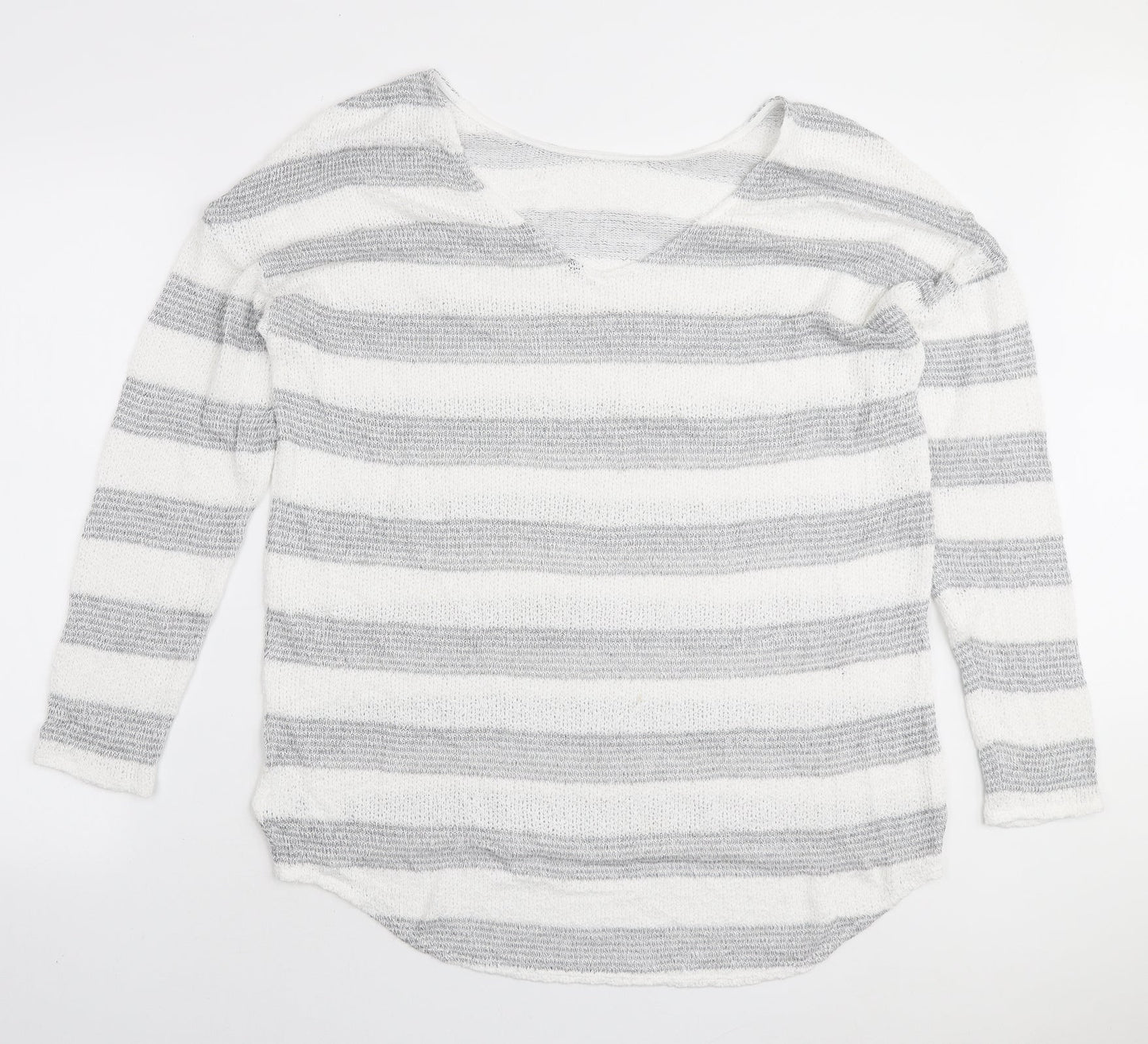 NEXT Womens White Round Neck Striped Viscose Pullover Jumper Size 16