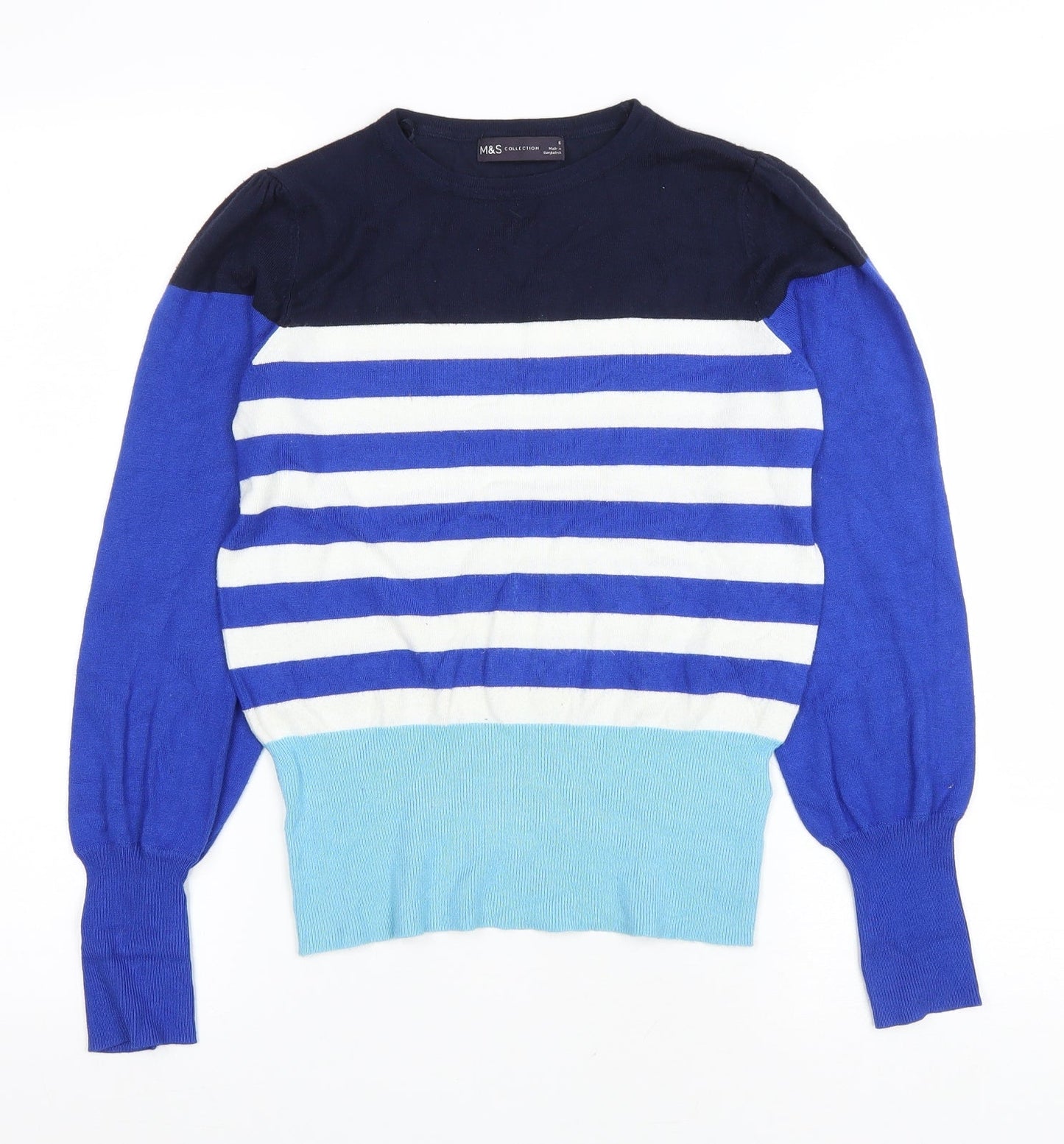 Marks and Spencer Womens Blue Round Neck Striped Viscose Pullover Jumper Size 6