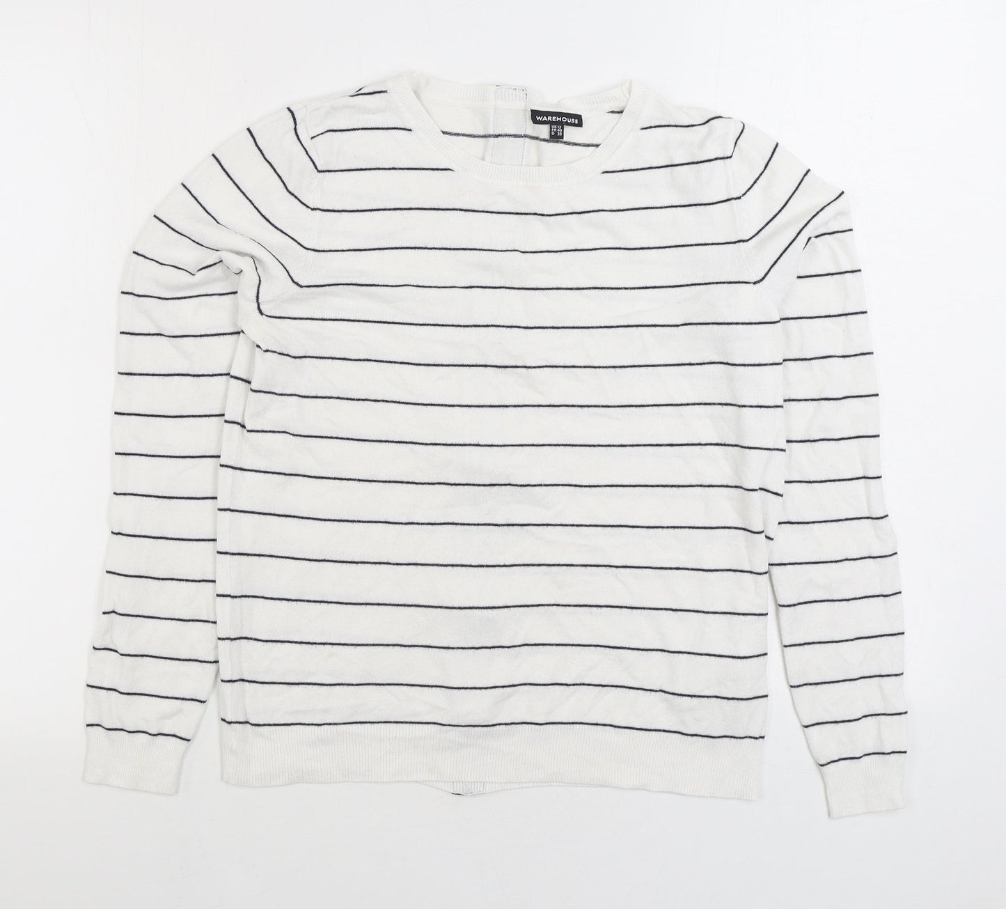 Warehouse Womens White Round Neck Striped Viscose Full Zip Jumper Size 12