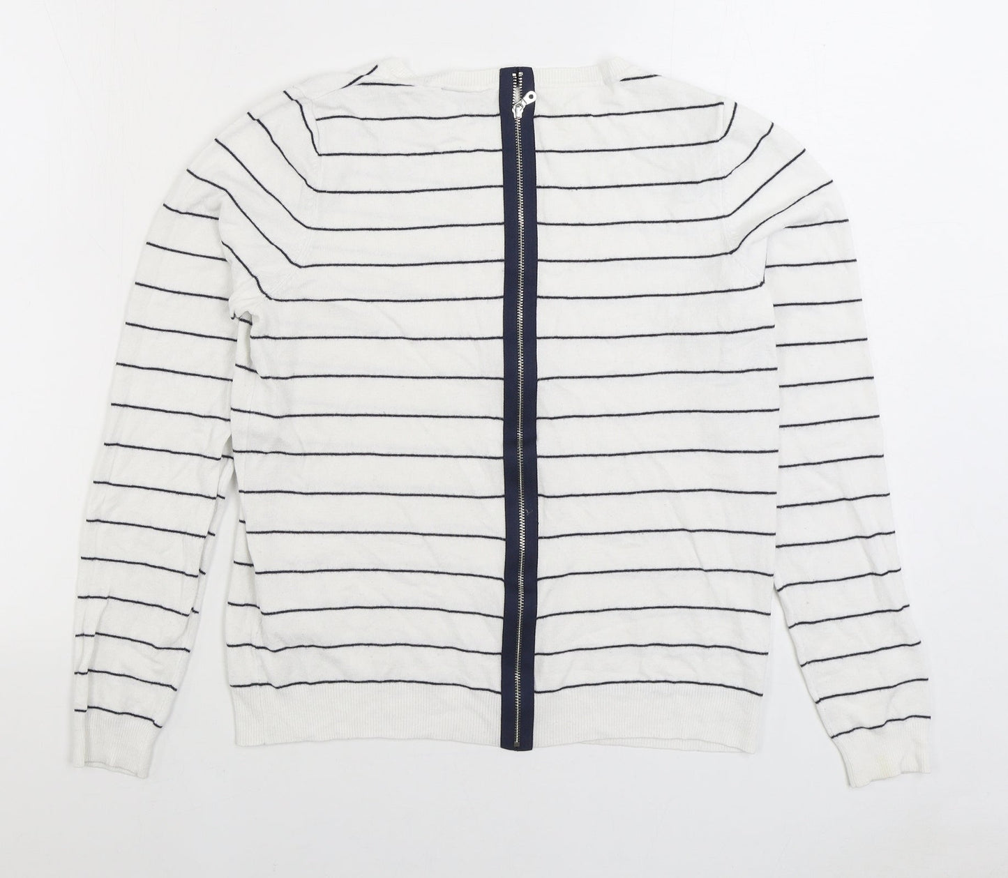 Warehouse Womens White Round Neck Striped Viscose Full Zip Jumper Size 12