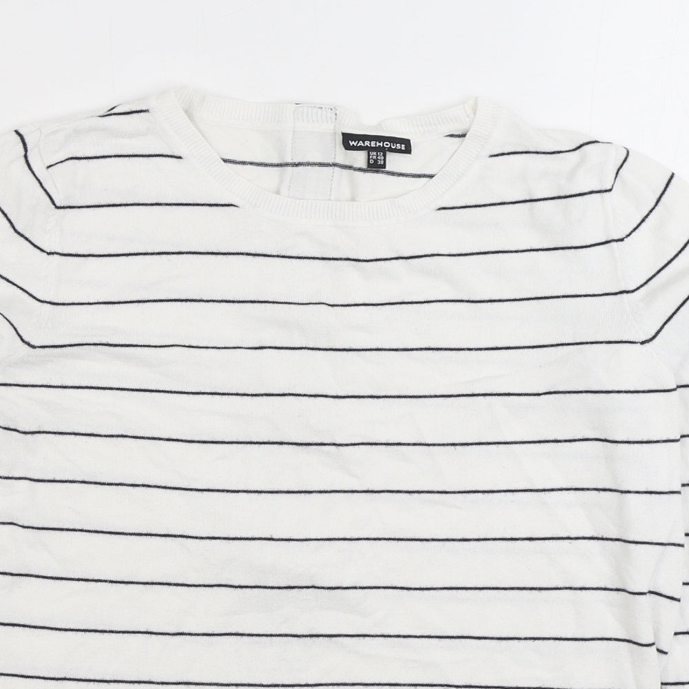Warehouse Womens White Round Neck Striped Viscose Full Zip Jumper Size 12