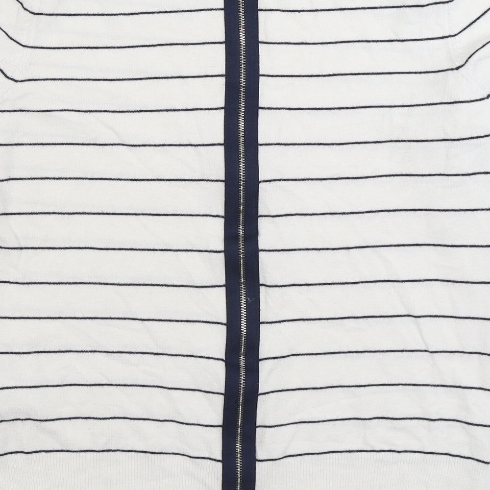 Warehouse Womens White Round Neck Striped Viscose Full Zip Jumper Size 12