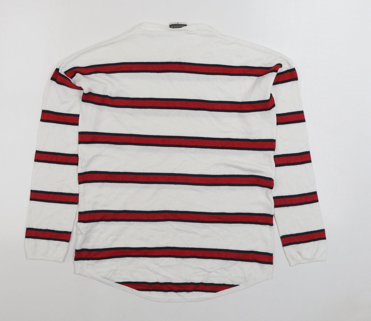 Beloved Womens White Round Neck Striped Viscose Pullover Jumper Size S