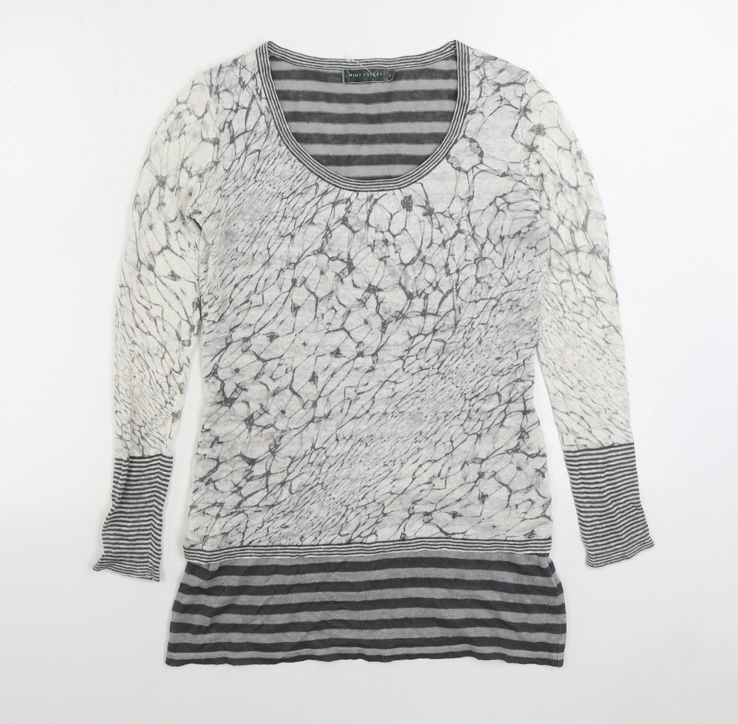 Mini Velvet Womens Grey Scoop Neck Striped Linen Pullover Jumper Size 8