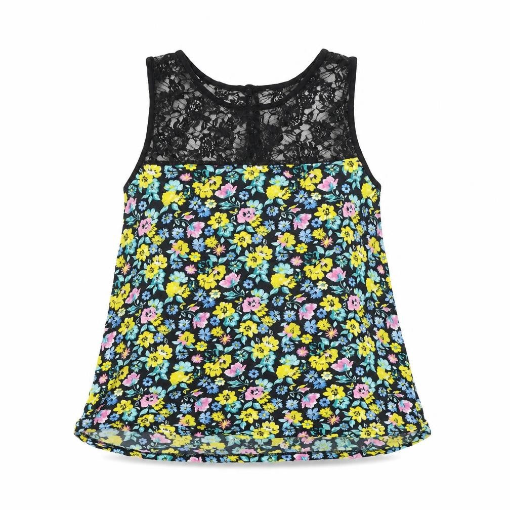 Preworn Womens Black Floral Polyester Basic Blouse Size M Round Neck - Lace Neckline