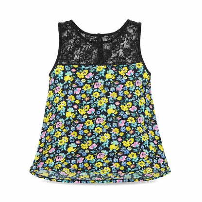 Preworn Womens Black Floral Polyester Basic Blouse Size M Round Neck - Lace Neckline