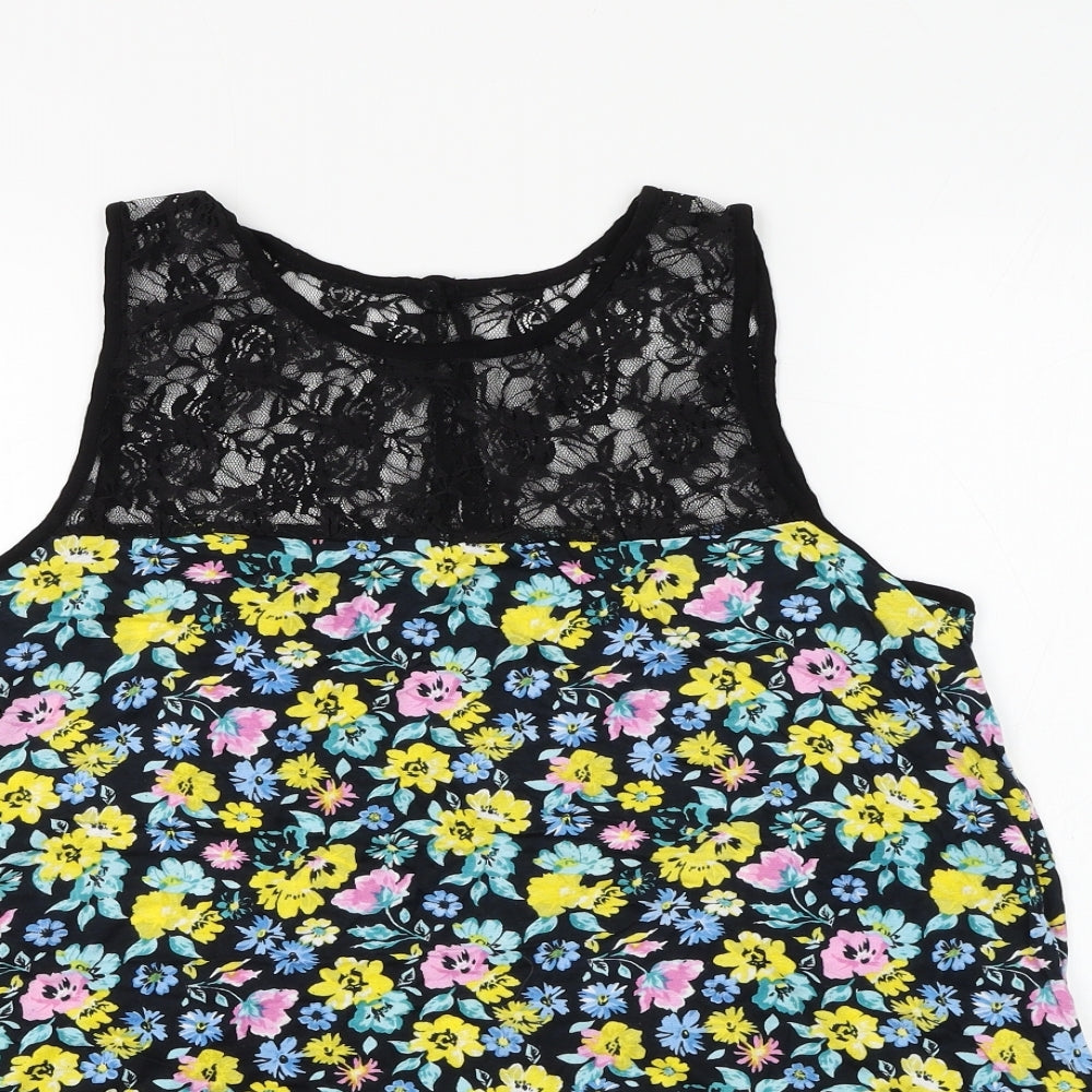 Preworn Womens Black Floral Polyester Basic Blouse Size M Round Neck - Lace Neckline
