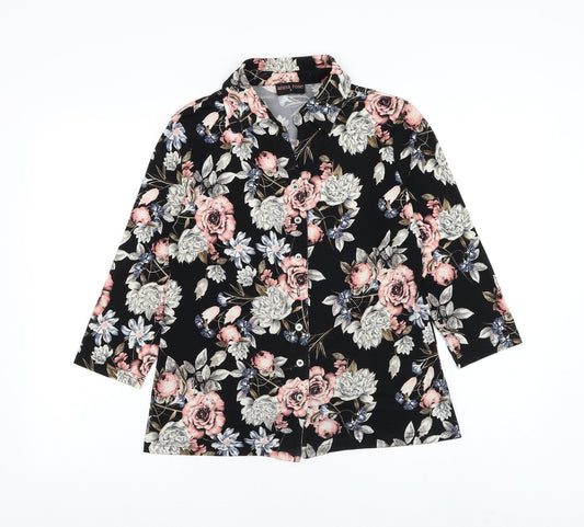Anna Rose Womens Black Floral Plastic Basic Button-Up Size S Collared