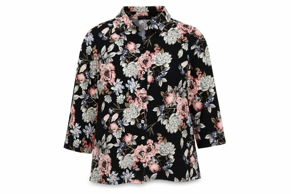 Anna Rose Womens Black Floral Plastic Basic Button-Up Size S Collared