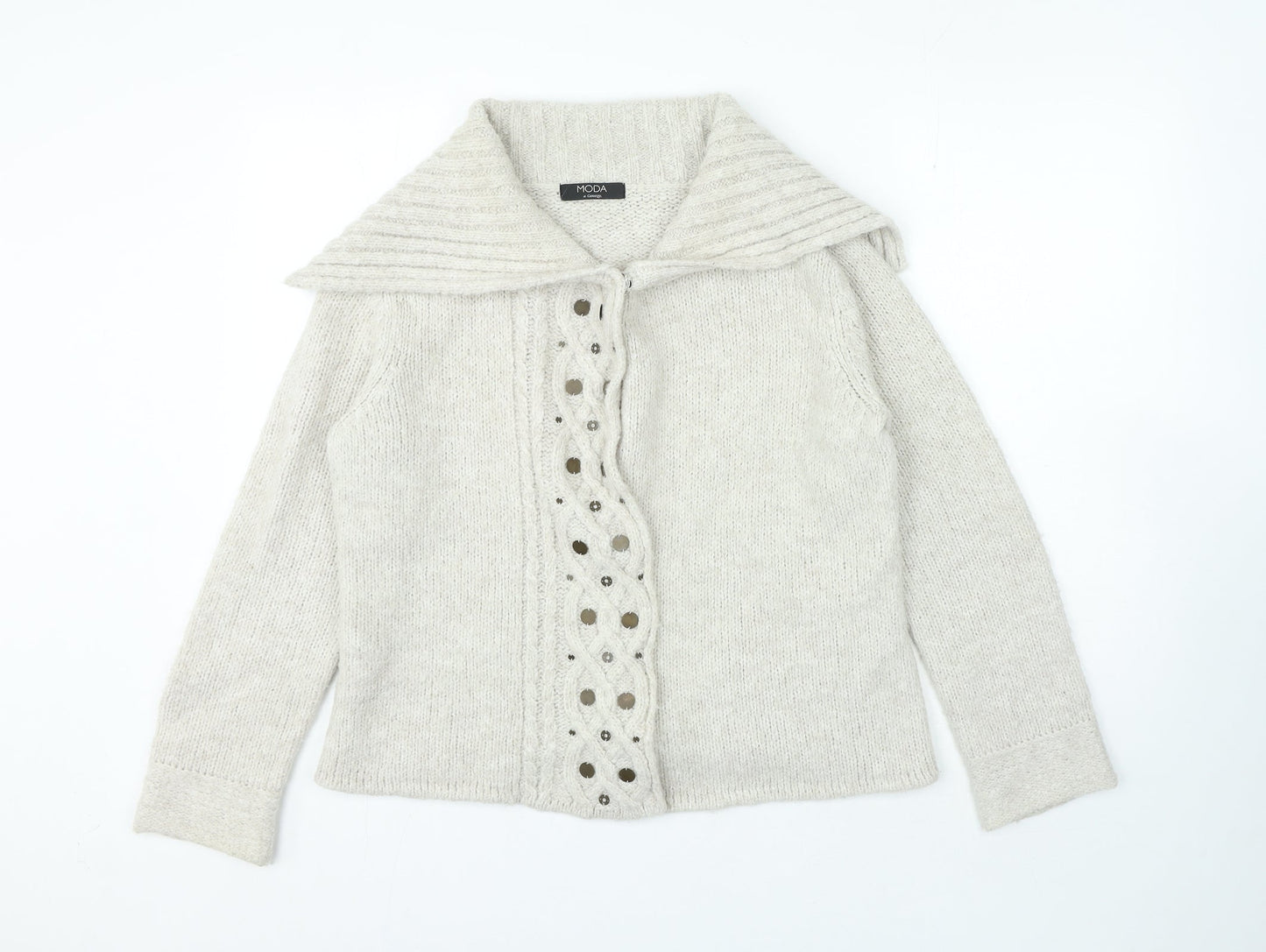 Moda Womens Beige V-Neck Acrylic Cardigan Jumper Size 14 - Snap Closure