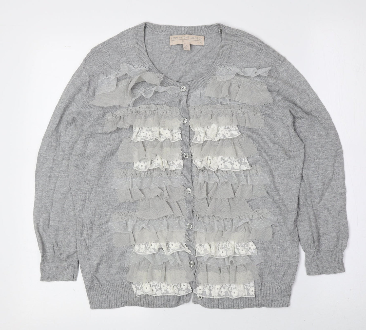 Fenn Wright Manson Womens Grey Scoop Neck Cotton Cardigan Jumper Size XL - Frill Detail