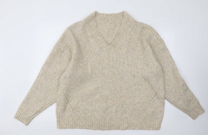 Marks & Spencer Mens Beige V-Neck Acrylic Pullover Jumper Size XL