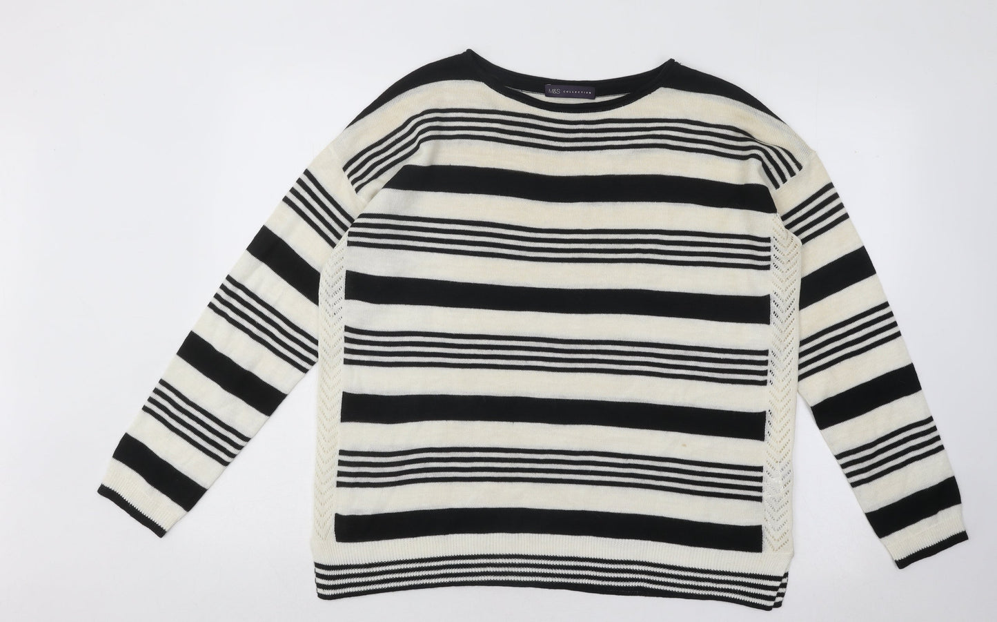 Marks and Spencer Womens Black Boat Neck Striped Acrylic Pullover Jumper Size 14