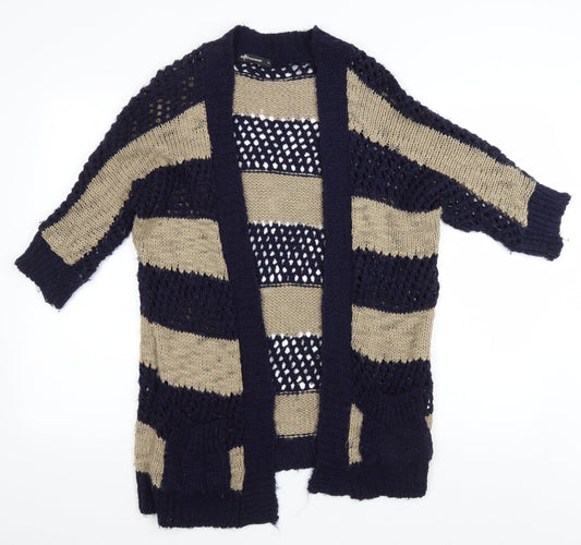 Internacionale Womens Blue V-Neck Striped Acrylic Cardigan Jumper Size 12
