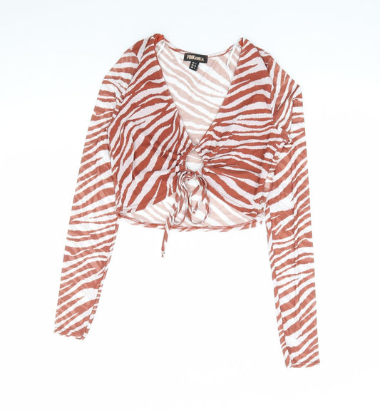 Pink Vanilla Womens Brown Animal Print Polyester Cropped T-Shirt Size 8 V-Neck - Tiger Print Cut Out