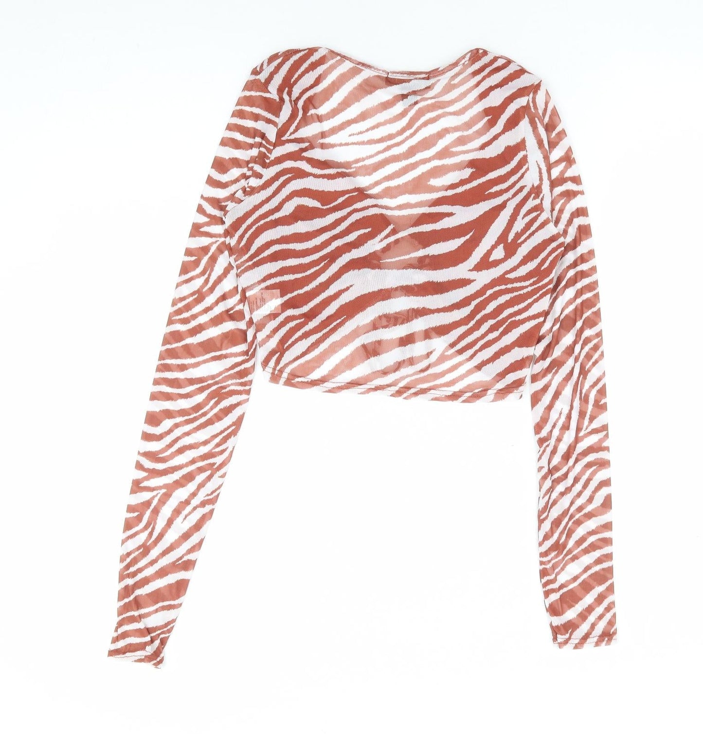 Pink Vanilla Womens Brown Animal Print Polyester Cropped T-Shirt Size 8 V-Neck - Tiger Print Cut Out