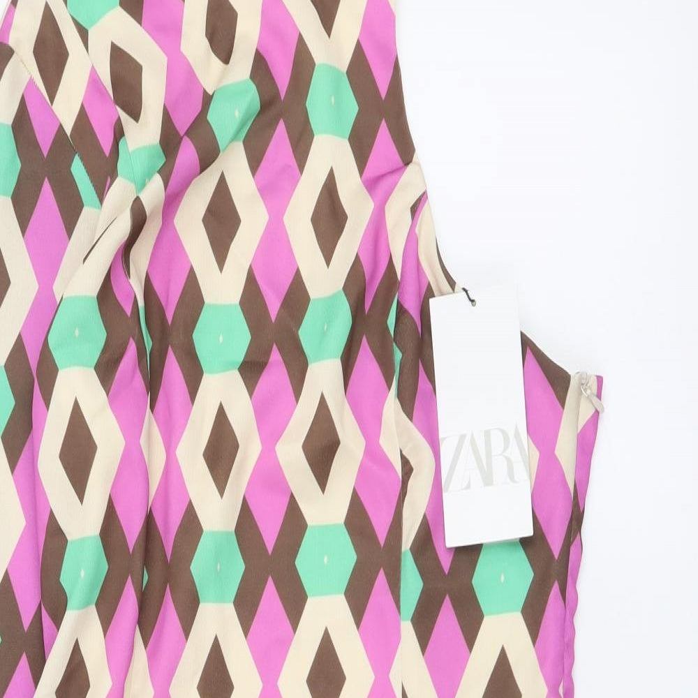 Zara Womens Multicoloured Geometric Polyester Mini Size S Round Neck Zip