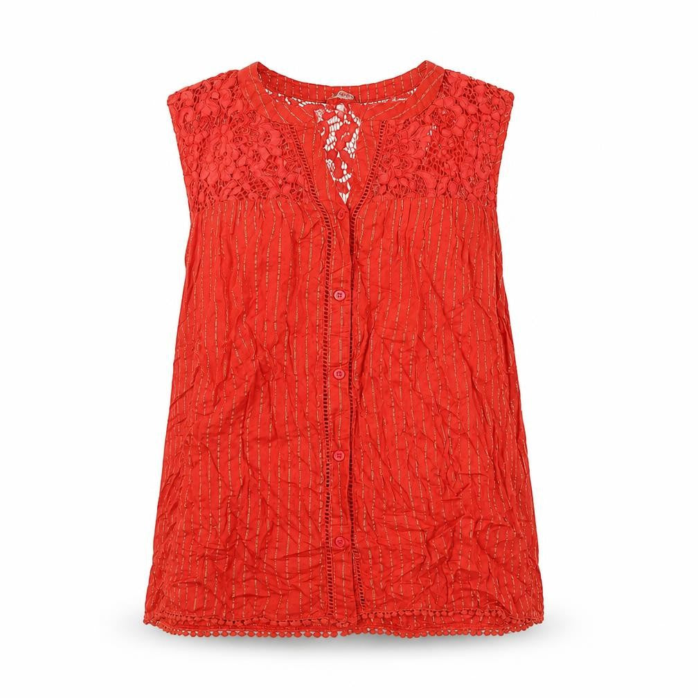 Roman Womens Red Striped Viscose Basic Button-Up Size 12 V-Neck - Lace Detail
