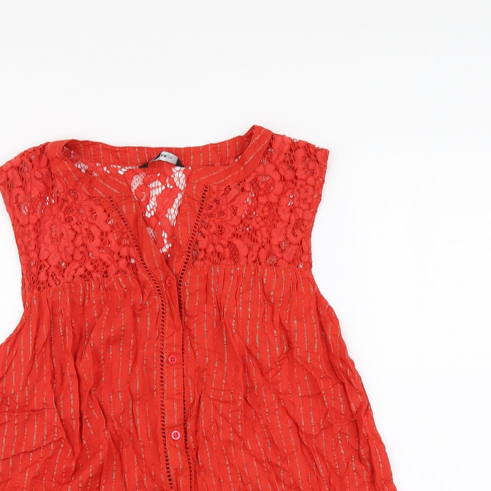 Roman Womens Red Striped Viscose Basic Button-Up Size 12 V-Neck - Lace Detail