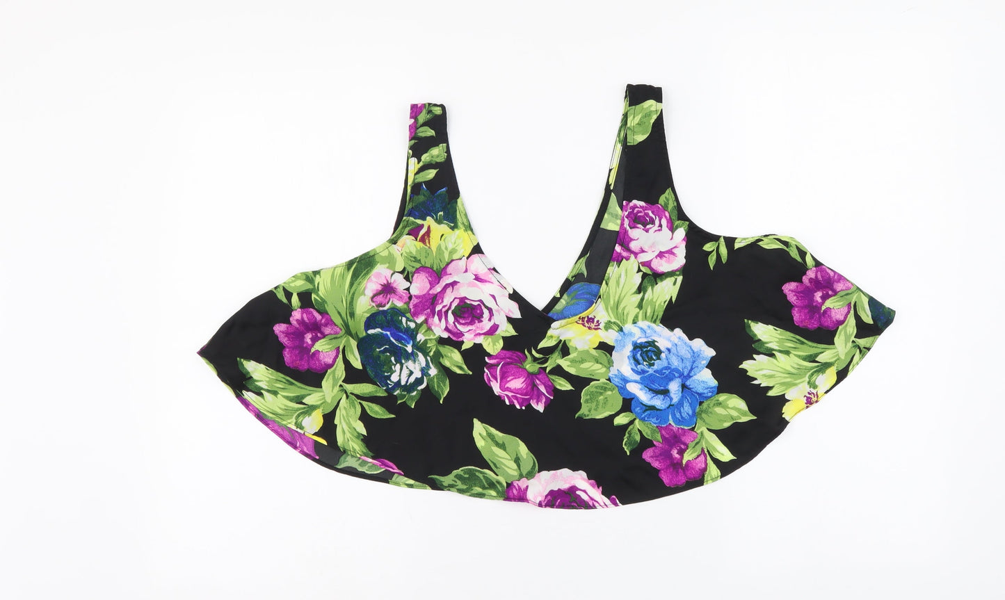 FOREVER 21 Womens Black Floral Polyester Cropped Blouse Size L Round Neck