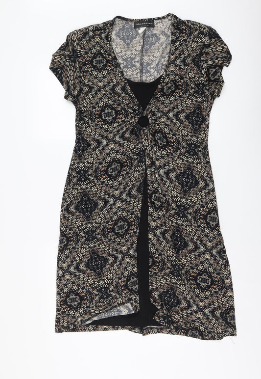 Eonnected Womens Brown Geometric Polyester A-Line Size L V-Neck Pullover
